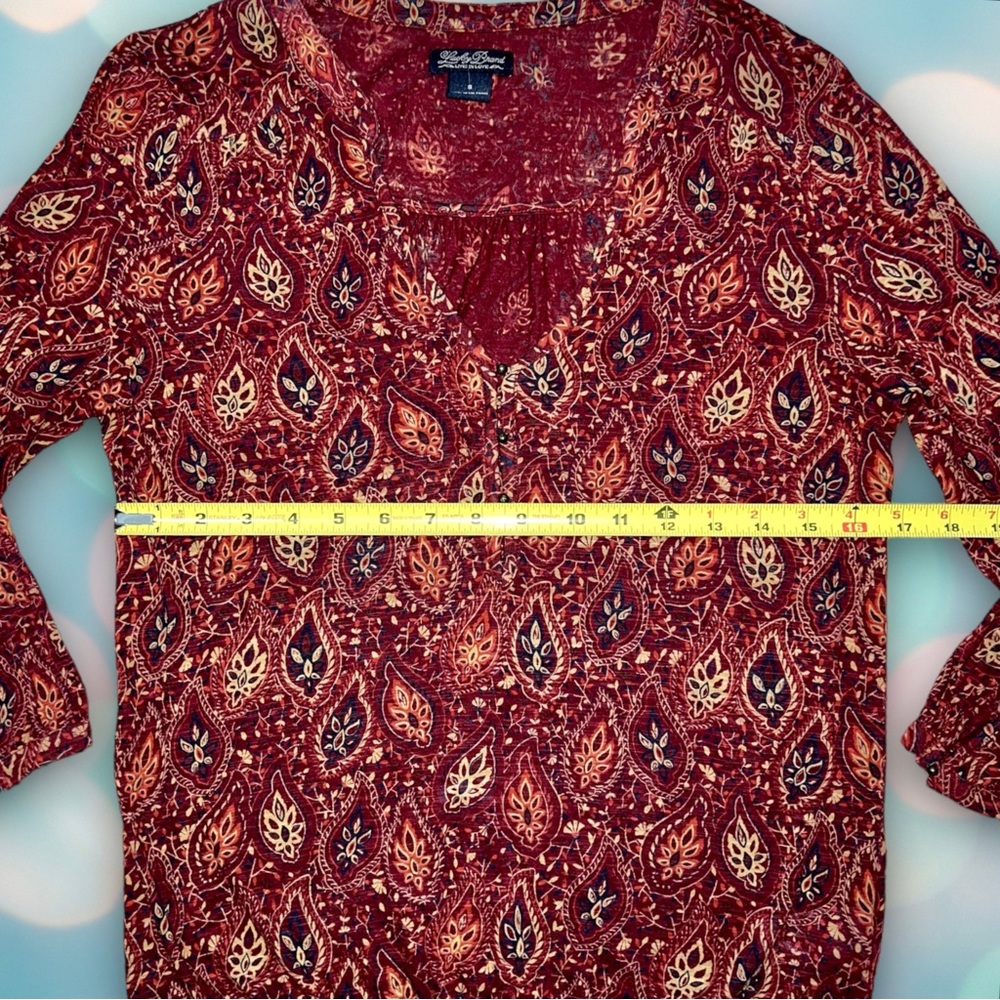 Lucky Brand Women’s Burgundy Smocked Boho V-Neck 3/4 Sleeve Blouse Top Size S - Picture 3 of 5